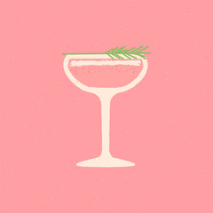 Margarita dessert glass. Flat vector illustration with texture. Cocktail drink glass with rosemary. Pink drink for event and party. Retro minimalist drink poster