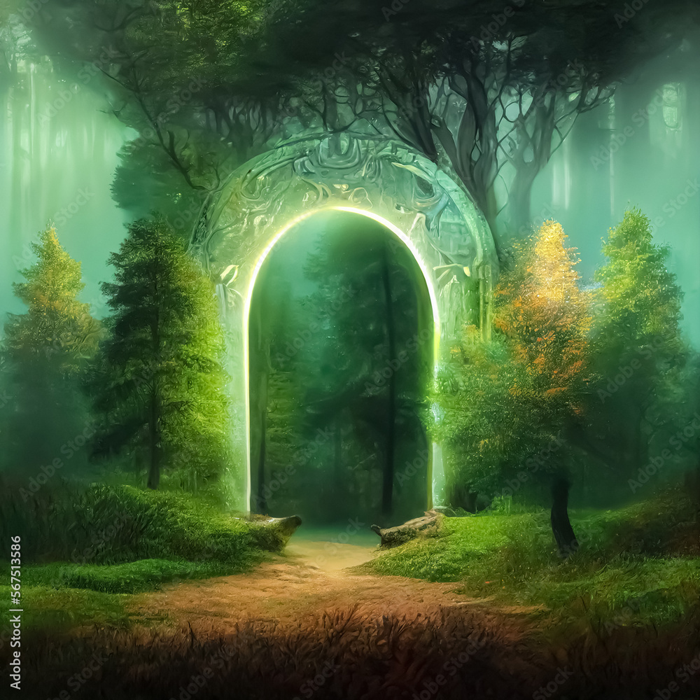 Aufkleber magic teleport portal in mystic fairy tale forest. gate to parallel fantasy surreal world. generativ