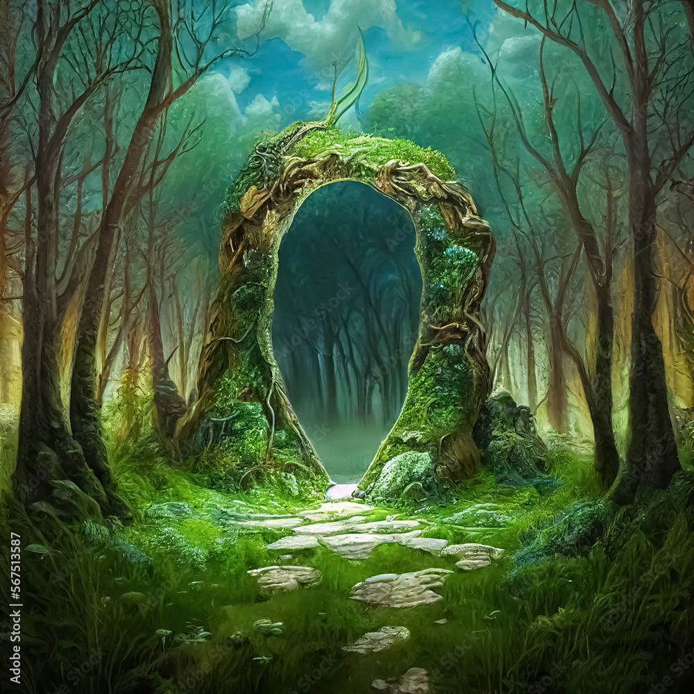 Aufkleber magic teleport portal in mystic fairy tale forest. gate to parallel fantasy surreal world. generativ