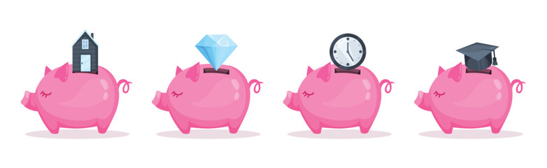 Pink Piggy Bank or Moneybox with Hole Vector Set
