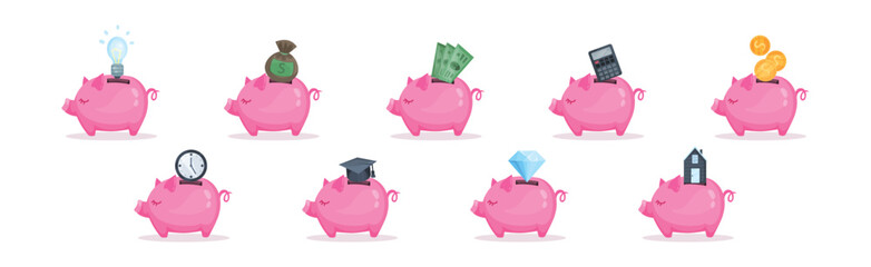 Pink Piggy Bank or Moneybox with Hole Vector Set