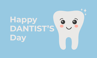 Happy healthy tooth on a blue background. Vector illustration. Concept of children's dentistry. Excellent dental card. Cute character. 