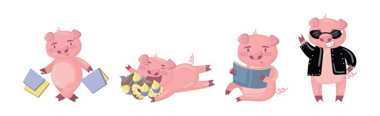 Funny Pig as Hoofed Domestic Animal Doing Different Activity Vector Set