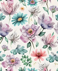 Pastel watercolor flowers pattern, AI-generated image