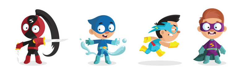 Kid Characters in Bright Superhero Costumes and Masks Vector Set