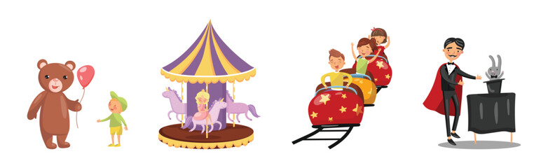 People Characters in Amusement Park or Fun Fair Vector Illustration Set