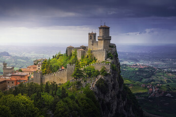 Fototapeta na wymiar San Marino, Guaita tower on the Titano mount and panoramic view of Romagna