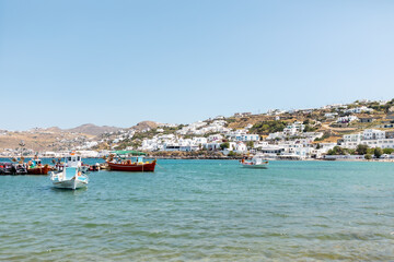 Boats in harbor in Mykonos, Greece