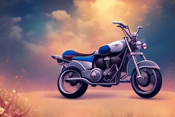 Bike on the field.Vector summer nature illustration with sky - generative ai