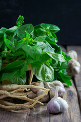 Organic Garlic. Fresh Garlic Cloves and Garlic bulb on wooden background. spice. Selected focus. Useful products.