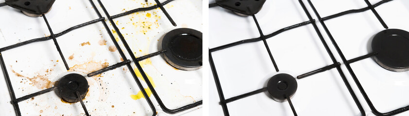 Before and after concept of a clean and dirty white gas kitchen stove.