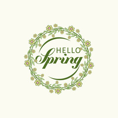 Hello Spring hand drawn logotype sketch, icon typography badge. Spring lettering with leaves for greeting card, invitation template.