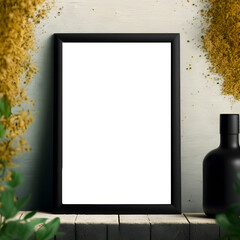 Mock up black frame close up in home interior flower background, 3d render, generative ai