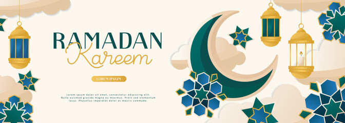 Ramadan Kareem card with moon crescent, traditional lanterns. Invitations with islamic geometric patterns, arabesque. Glorious month of muslim year, holy holiday. Banner, flyer, advertising. Vector. 