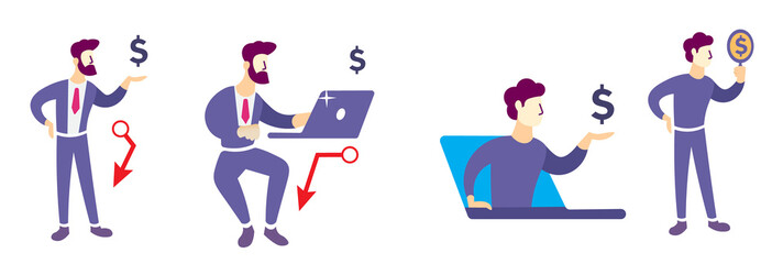 set of finance, economy and trading related concepts (Online finance, exchange, market research) market crash/recession isolated transparent illustrations.