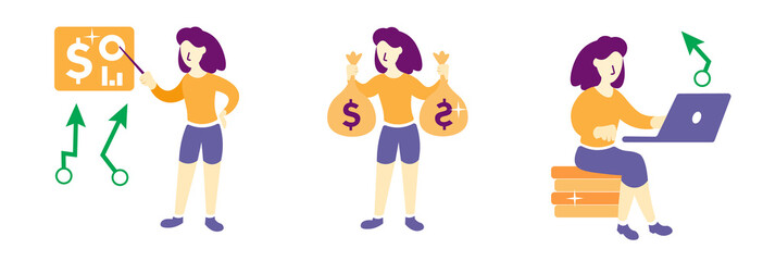 set of finance, economy and trading related concepts (Online finance, profit, market research) market recovery and gain isolated transparent illustrations.