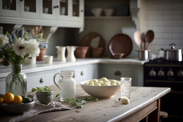 Fototapeta na wymiar Interiors of farm style kitchen, cooking areas. Generative ai.