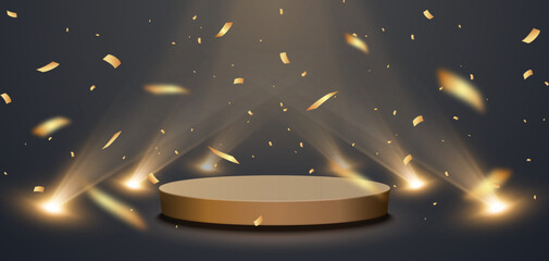 Gold confetti with award podium and spotlights. Winner vector background with confetti.