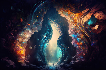 Concept of the cave of creation a metaphysical place where all interaction of souls on the planet are stored	
Generative AI, this image is not based on any original image, character or person.