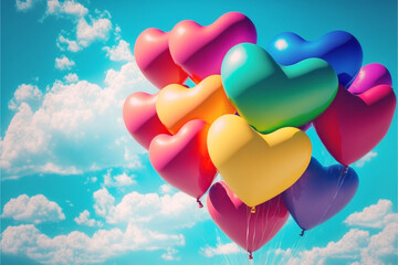 Fototapeta na wymiar A bunch of heart shaped balloons floating together in a rainbow assortment of colors