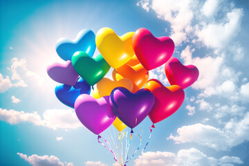 Fototapeta na wymiar A bunch of heart shaped balloons floating together in a rainbow assortment of colors