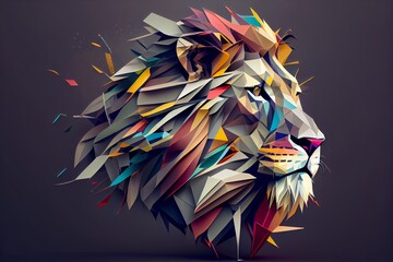 Obraz na płótnie Canvas Generative AI illustration of creative head of lion made of colorful geometric shapes on gray background