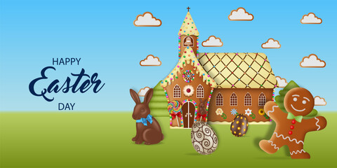 easter background with gingerbread cookies and chocolate eggs. spring landscape with easter eggs and gingerbread church