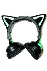 Black wireless headphones isolated on a white background. A cosplay accessory. Wireless gaming headset with a cat ear. With backlight. Front View