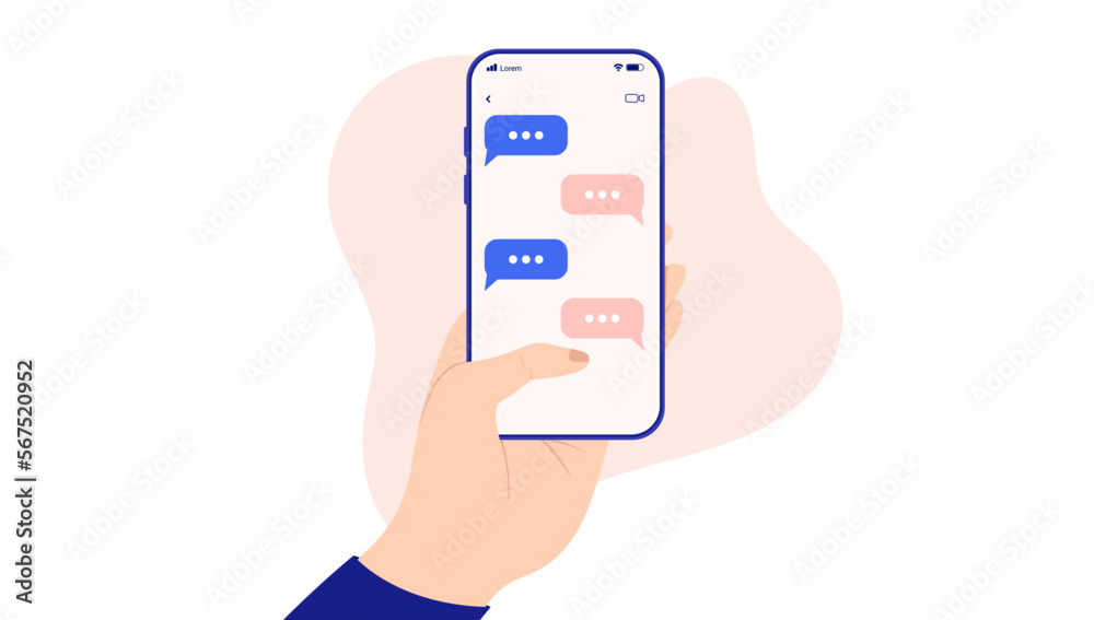 Poster text messages on phone screen - hand holding smartphone with texting symbols on screen. flat design 