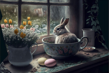 Cottagecore Easter with a Cute Bunny and Eggs, digital art, generative AI