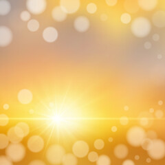 Golden vector sunset or sunrise. Shining sun and bokeh sparks.
