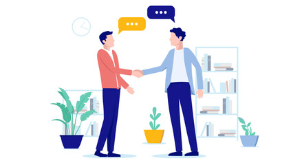 Office handshake - Two businessmen in casual clothes shaking hands and talking with speech bubbles. Business agreement and deal concept, flat design vector illustration with white background