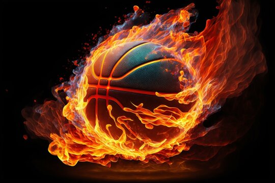 Glowing burning basketball with fire flames. Generative AI