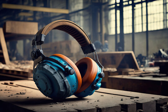 Hanging on a lathe at the factory are noise isolating headphones for industrial facilities. industrial headphones for usage as safety equipment. devices for hearing safety. Generative AI