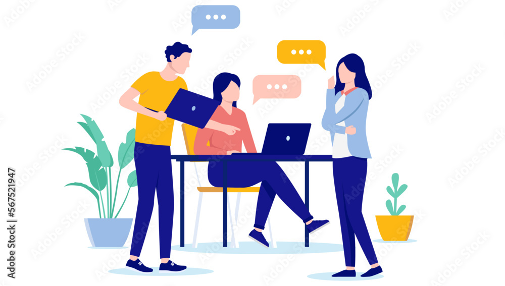 Leinwandbilder Work discussion - Three people in office working as a team and talking together with computers. Flat design vector illustration with white background