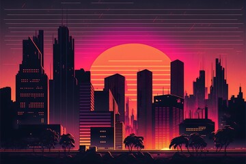 Synth wave retro city landscape background at sunset. Generative AI