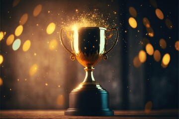 Winner gold trophy with blurred sparks on background. Generative AI - obrazy, fototapety, plakaty