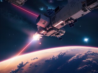 Obraz na płótnie Canvas Space wars. Satellite firing laser at target. 