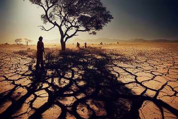 Drought around. Sunburnt earth cracked. Trees died..