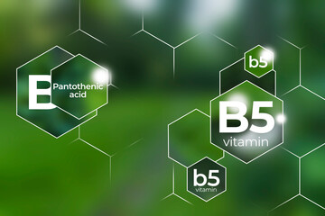 Fototapeta premium Molecular model of vitamin B5. Hexagons with Vitamin B5 name, blurry green background.