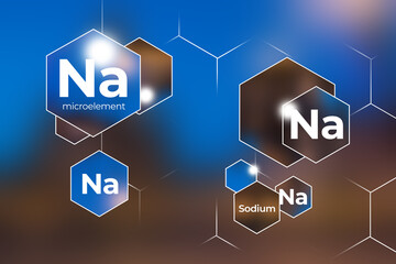 Immunity protection concept, Na, Sodium. Hexagons with Na, Sodium icon, blurry blue background.