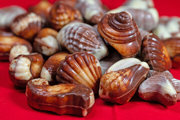 Meeresfrüchte aus Schokolade vor rotem Hintergrund
