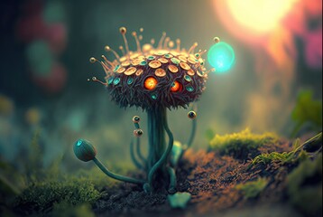 Infected forest flora, zombie pathogen changes any plant and forms woody mutated skulls and creepy eyes to appear - viral fungus growth with cute flowers hides the toxic danger - generative AI. - obrazy, fototapety, plakaty