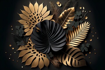 Gold and black floral patterns luxury background, paper cut flowers. AI