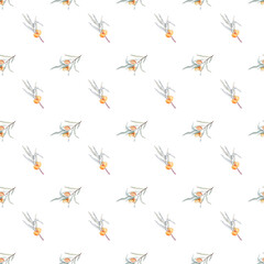 Pattern with orange sea buckthorn. Sea buckthorn for healthy life and design background. Hand painted. Botanical natural. Seamless pattern, an illustration for postcards, posters, textile design.
