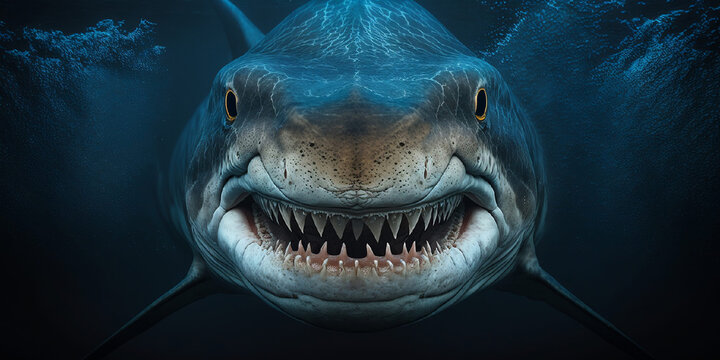 requin vu de face en gros plan, sous l'eau, format panoramique - illustration ia