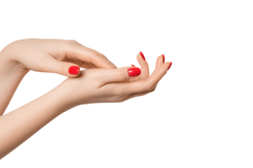 Beautiful, well-groomed female hands with a manicure on a white background, isolate. Red nail polish.