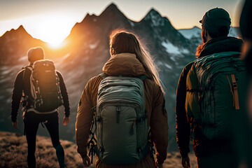 Obraz na płótnie Canvas Group tourists of hiker sporty people walks in mountains at sunset with backpacks. Concept adventure with copy space. Generation AI.