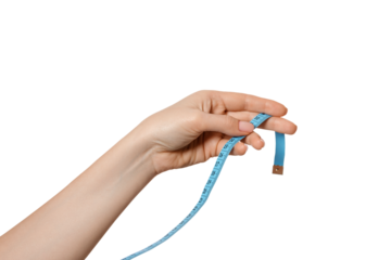 Woman's hand with a soft measuring  tape meter for measuring waist. Weight control, weight loss, diet. Isolate on a white background.