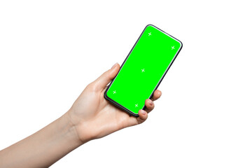 Woman's hand with a mobile phone. Isolate on a white background.